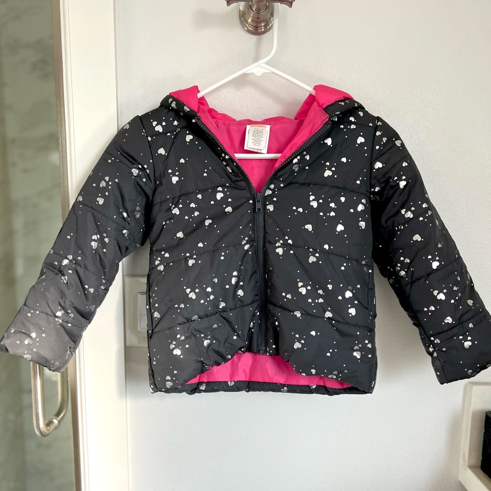 Gymboree Girls Black and Pink Puffer Waterproof Jacket with hearts